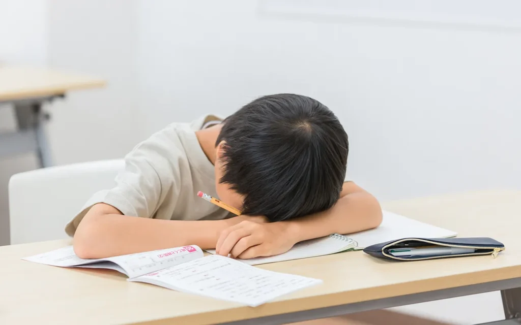 机に突っ伏してしまう小学生のイメージ